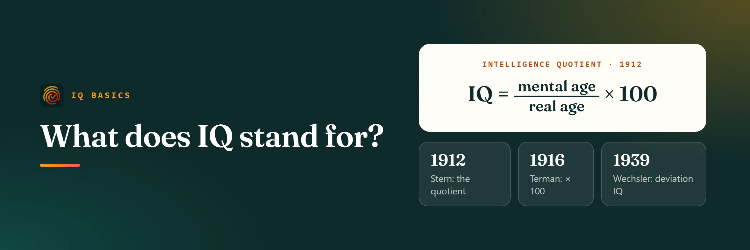 The original IQ formula, mental age divided by real age times 100, with the dates 1912, 1916 and 1939