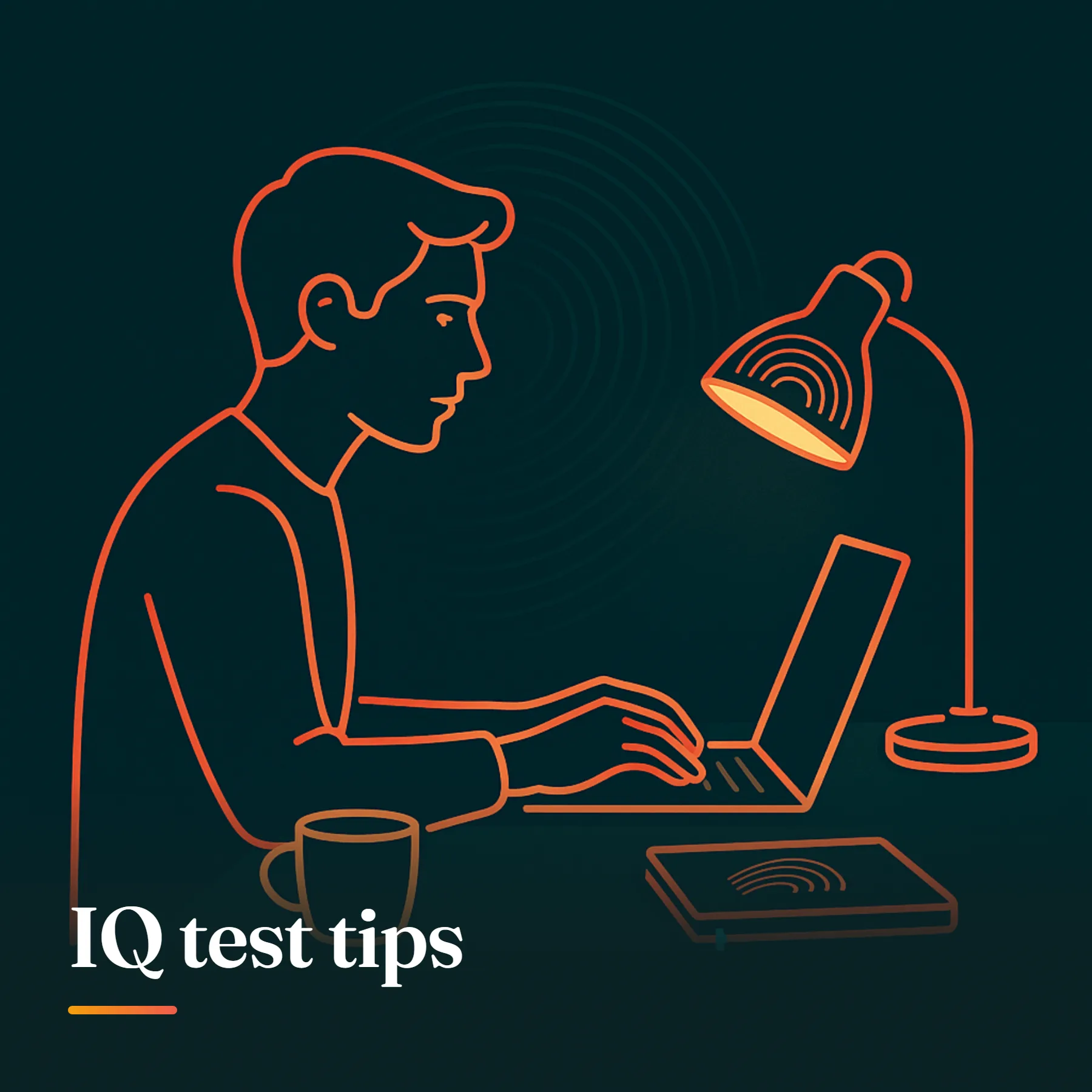 IQ test tips: a person taking the test calmly at a desk with a laptop and a cup of tea
